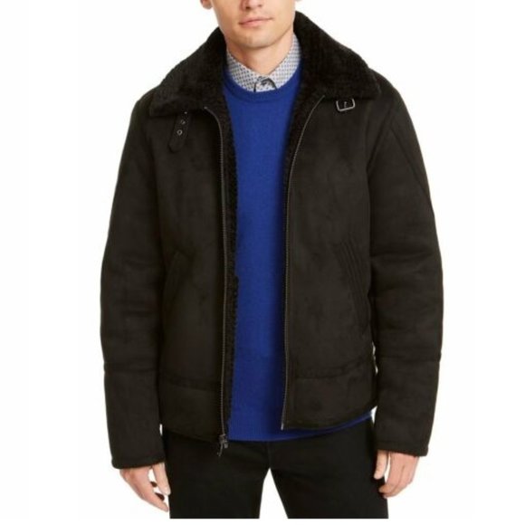 Calvin Klein Men's Faux Short Zip-front Closure Shearling JacketBlack - Large